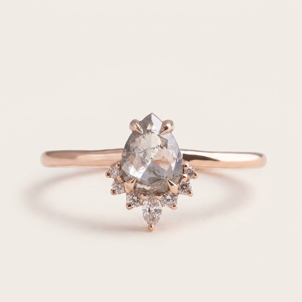 1.45 CT Pear & Round Cut Salt and Pepper Diamond Cluster Ring (V3)