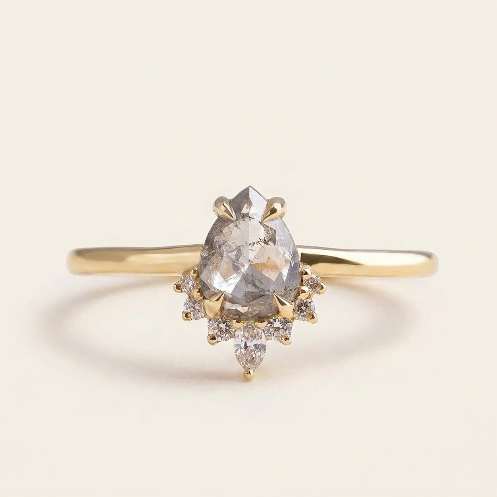 1.45 CT Pear & Round Cut Salt and Pepper Diamond Cluster Ring (V3)
