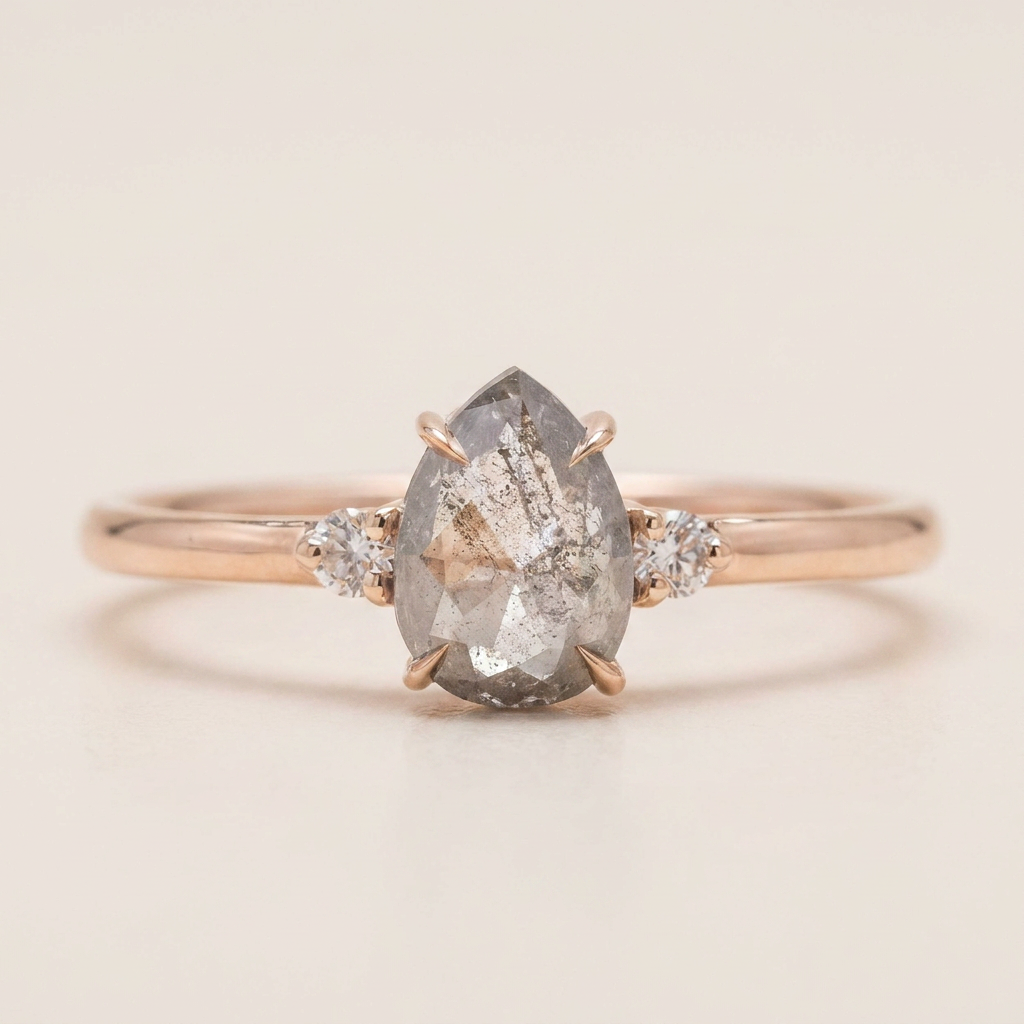 1.45 CT Pear & Round Cut Salt and Pepper Diamond Three Stone Ring