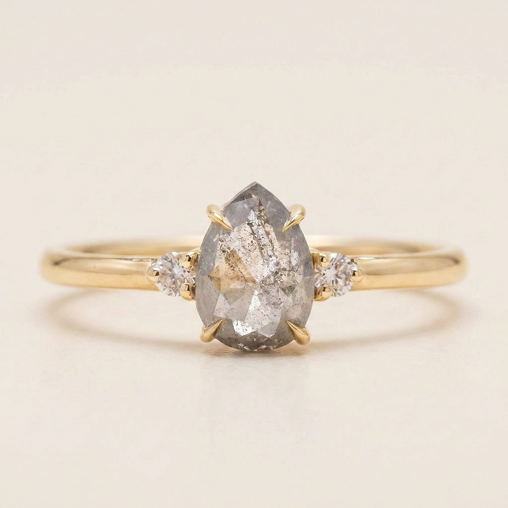 1.45 CT Pear & Round Cut Salt and Pepper Diamond Three Stone Ring