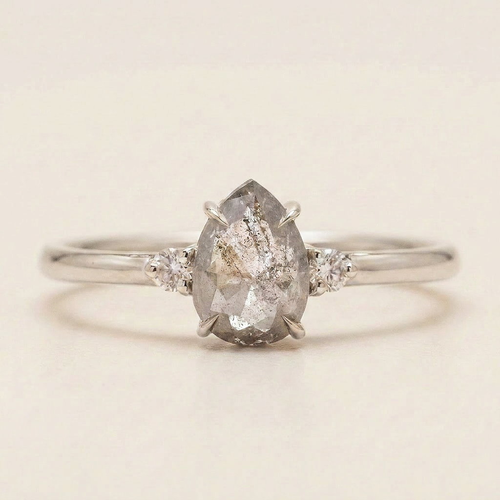 1.45 CT Pear & Round Cut Salt and Pepper Diamond Three Stone Ring