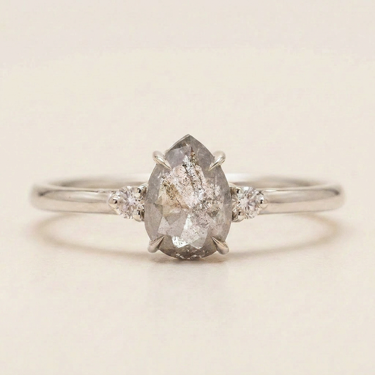 1.45 CT Pear & Round Cut Salt and Pepper Diamond Three Stone Ring