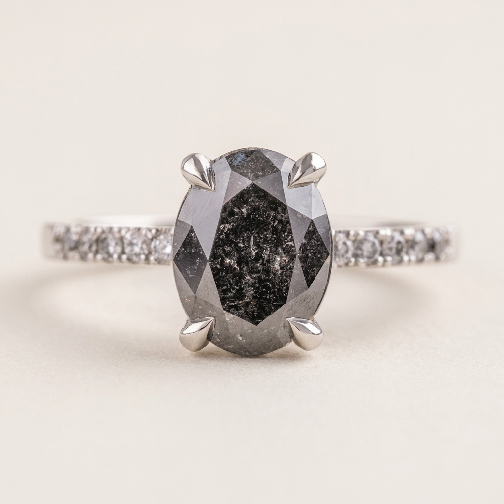 2.30 CT Oval Cut Salt and Pepper Diamond Solitaire Ring