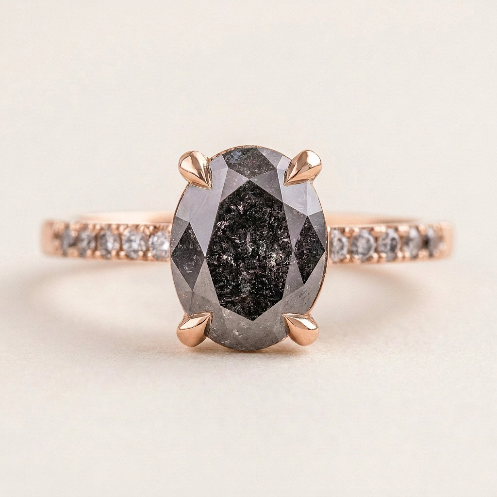 2.30 CT Oval Cut Salt and Pepper Diamond Solitaire Ring