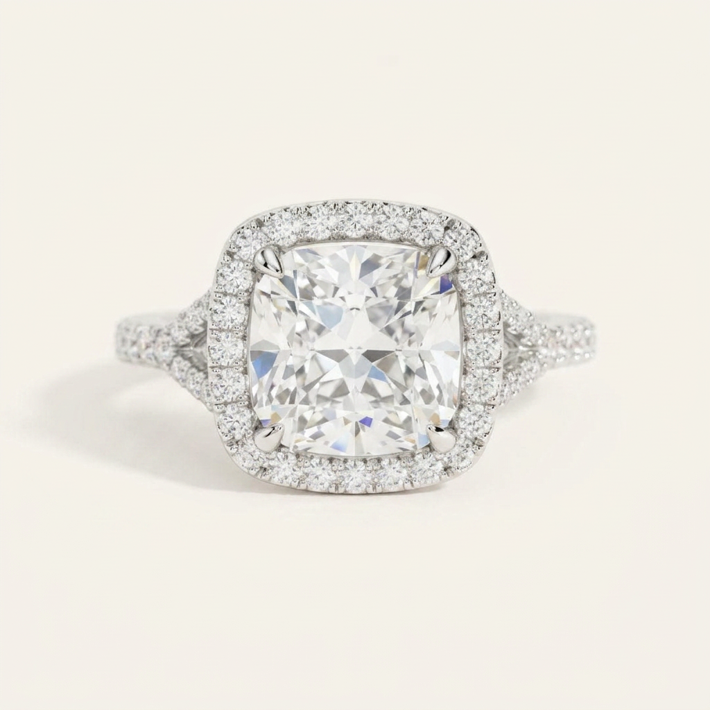 Moissanite 4.75 CT Cushion Cut Diamond Halo Ring