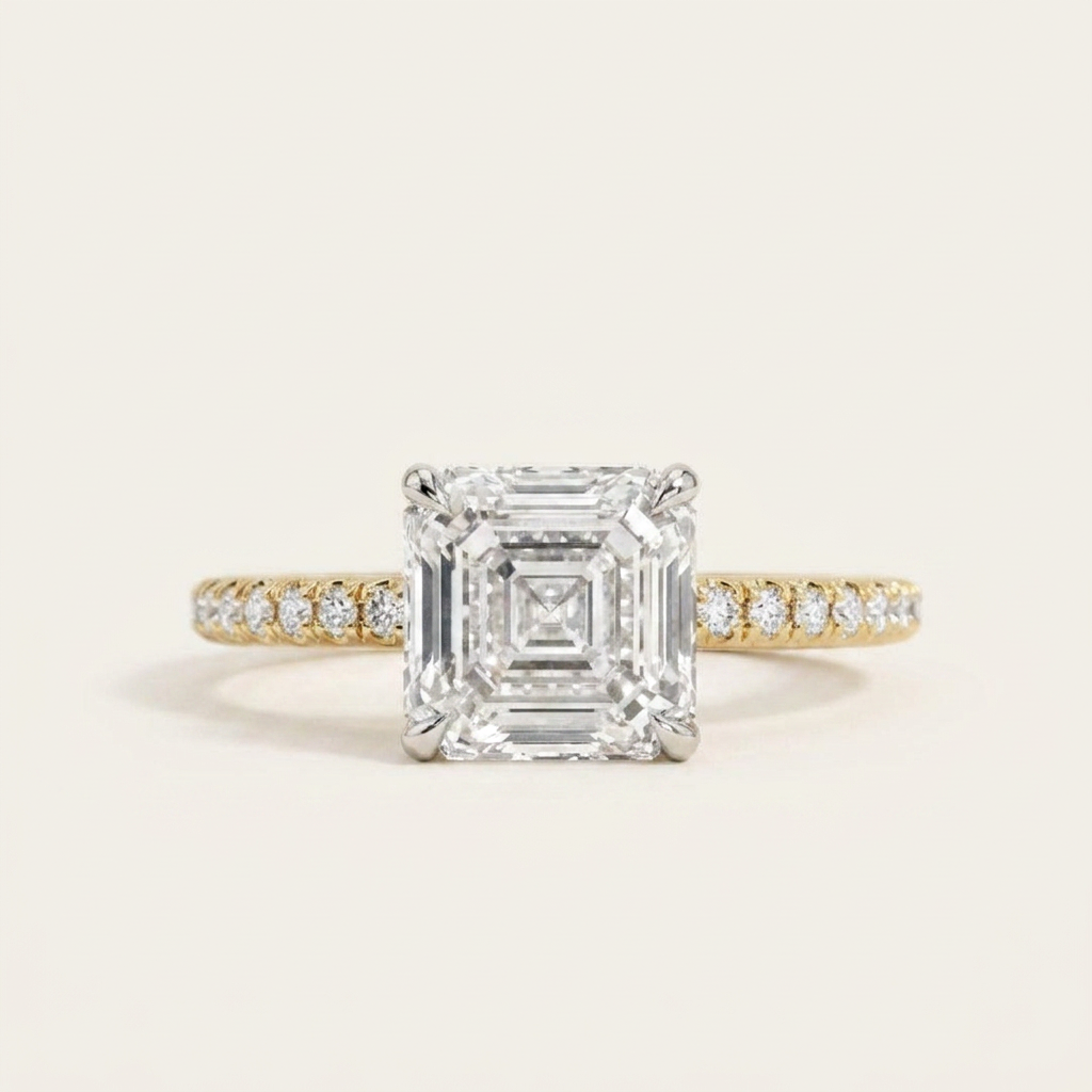 Moissanite 3.65 CT Asscher & Round Cut Diamond Solitaire Ring