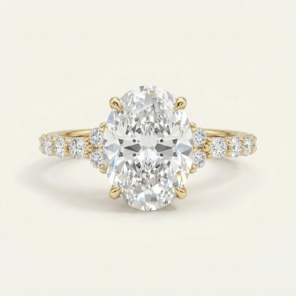 Moissanite 3.00 CT Oval & Round Cut Diamond Solitaire Ring (V-Midcentury)