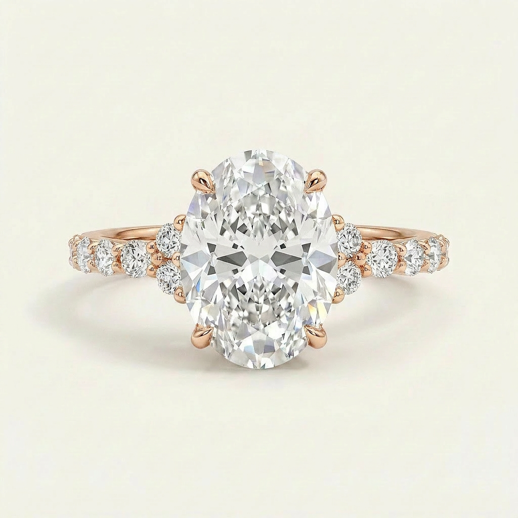 Moissanite 3.00 CT Oval & Round Cut Diamond Solitaire Ring (V-Midcentury)