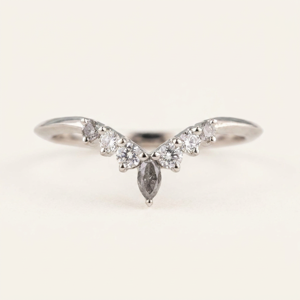 0.25 CT Marquise & Round Cut Salt and Pepper Diamond Ring (V1)