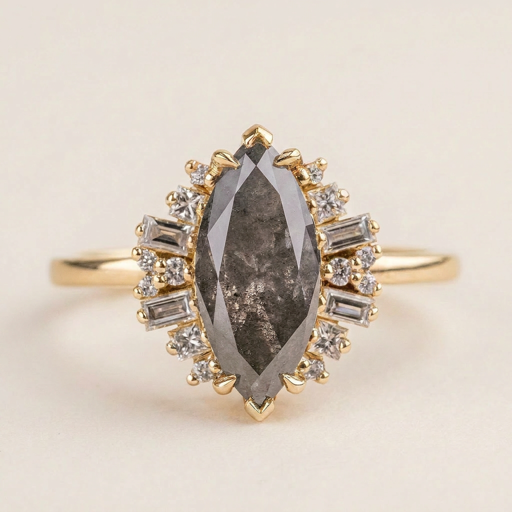 1.90 CT Marquise & Round Cut Salt and Pepper Diamond Cluster Ring