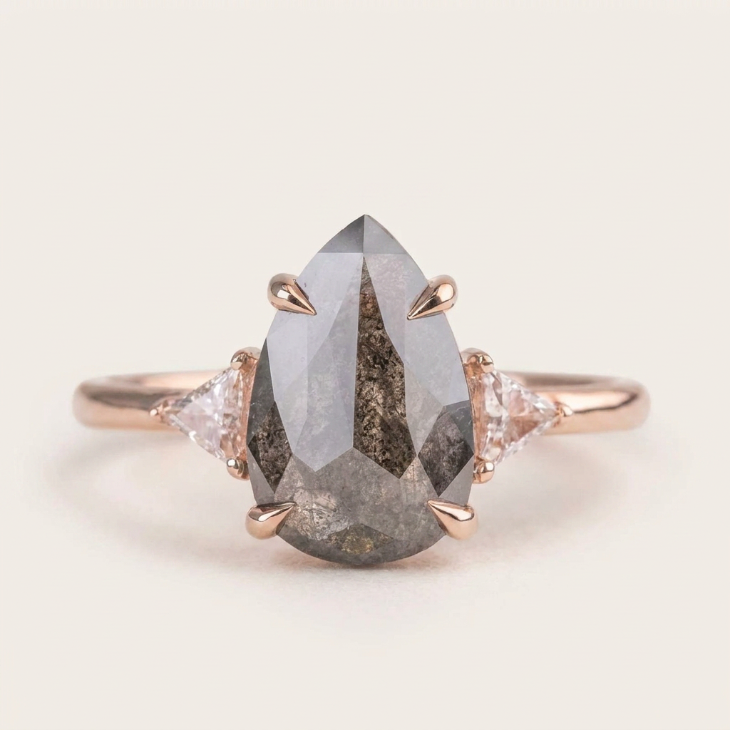 1.65 CT Pear & Triangle Cut Salt and Pepper Diamond Three Stone Ring