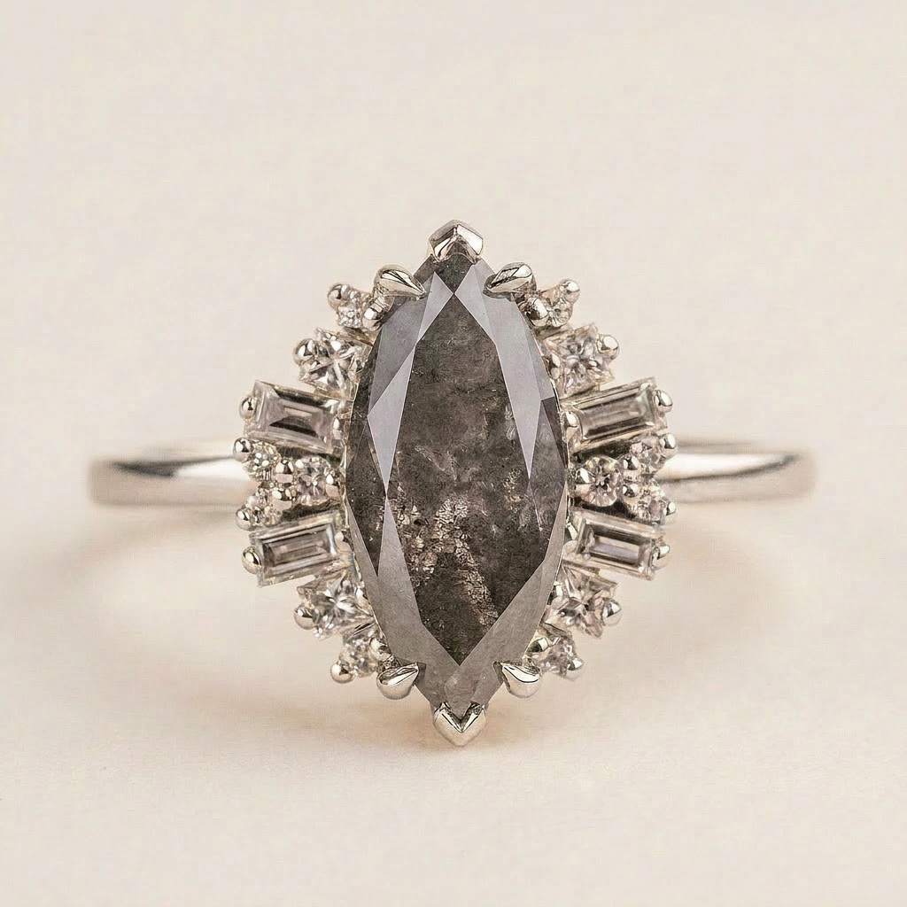 1.90 CT Marquise & Round Cut Salt and Pepper Diamond Cluster Ring