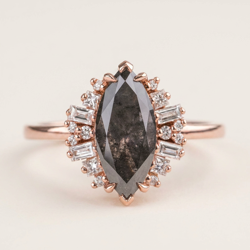1.90 CT Marquise & Round Cut Salt and Pepper Diamond Cluster Ring