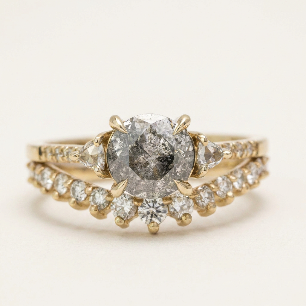 1.60 CT Round & Trillion Cut Salt and Pepper Diamond Three Stone Ring