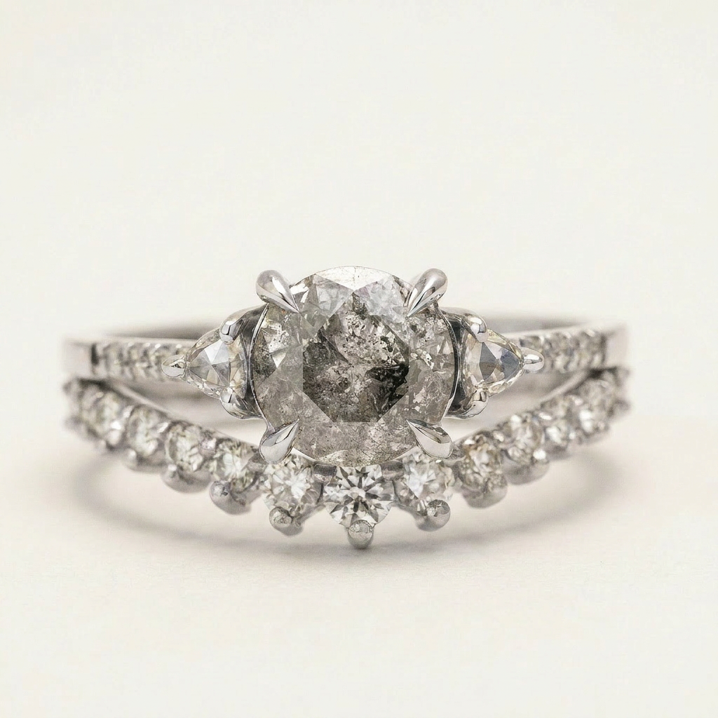1.60 CT Round & Trillion Cut Salt and Pepper Diamond Three Stone Ring