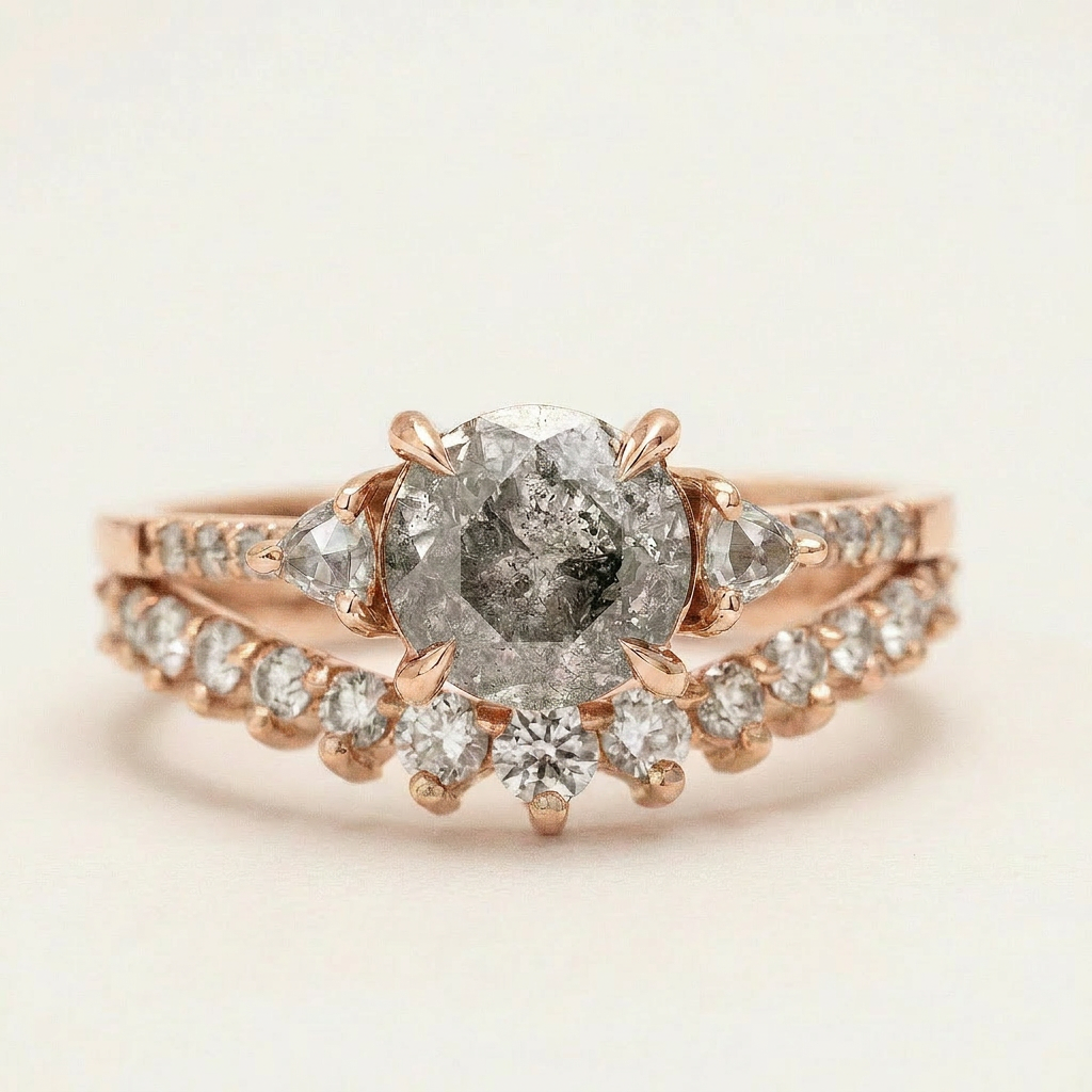 1.60 CT Round & Trillion Cut Salt and Pepper Diamond Three Stone Ring