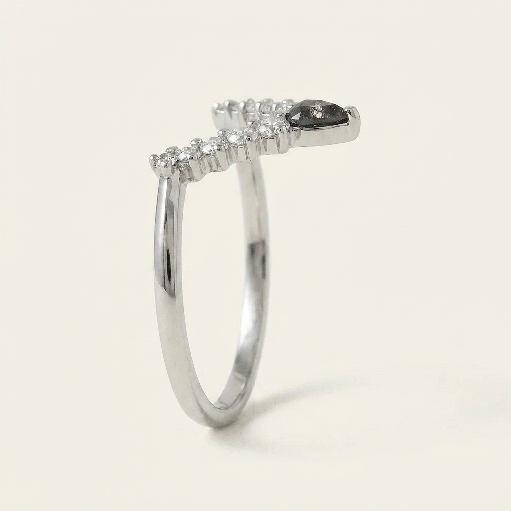 0.48 CT Pear & Round Cut Salt and Pepper Diamond Ring