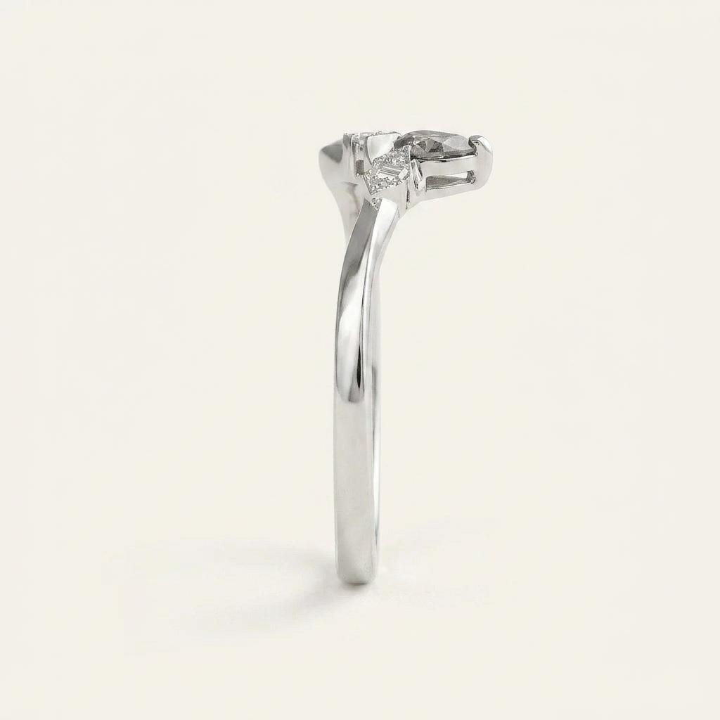 0.18 CT Pear & Baguette Cut Salt and Pepper Diamond Ring