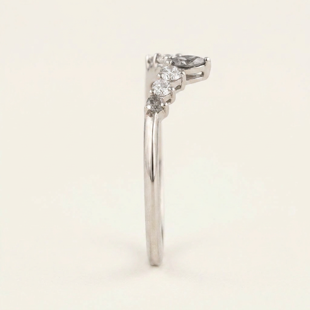 0.25 CT Marquise & Round Cut Salt and Pepper Diamond Ring (V1)