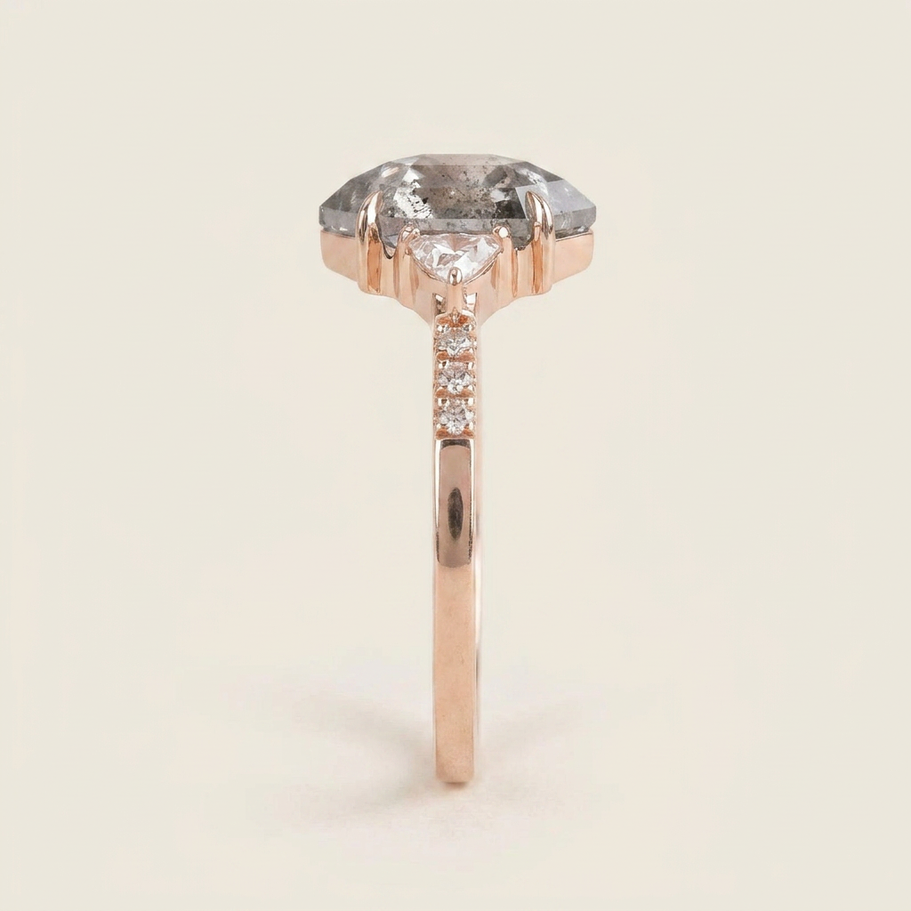 1.65 CT Hexagon & Round Cut Salt and Pepper Diamond Three Stone Ring (V-Artdeco)