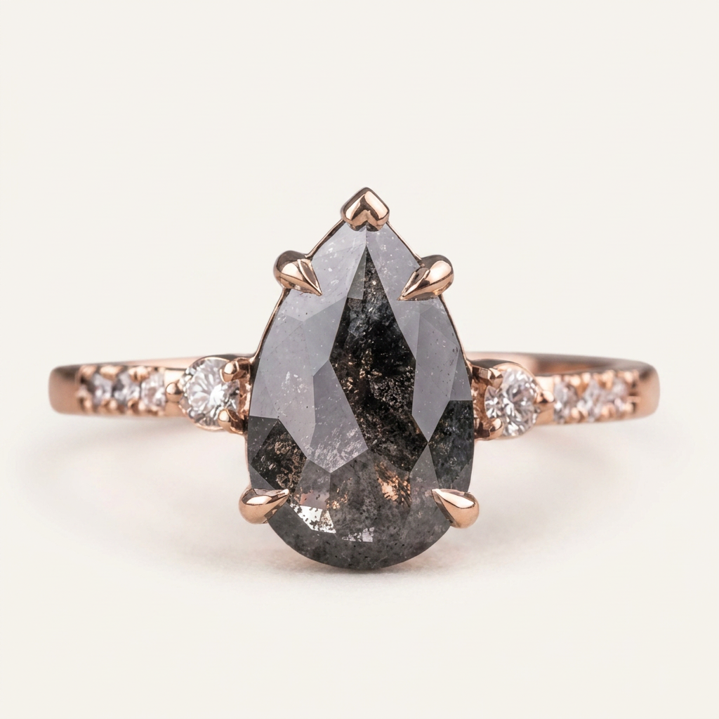 1.85 CT Pear & Round Cut Salt and Pepper Diamond Three Stone Ring