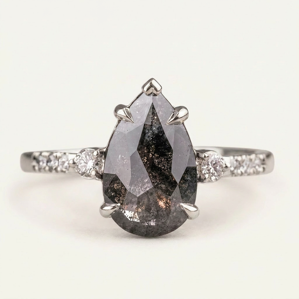 1.85 CT Pear & Round Cut Salt and Pepper Diamond Three Stone Ring