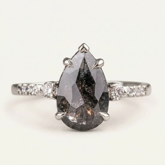 1.85 CT Pear & Round Cut Salt and Pepper Diamond Three Stone Ring