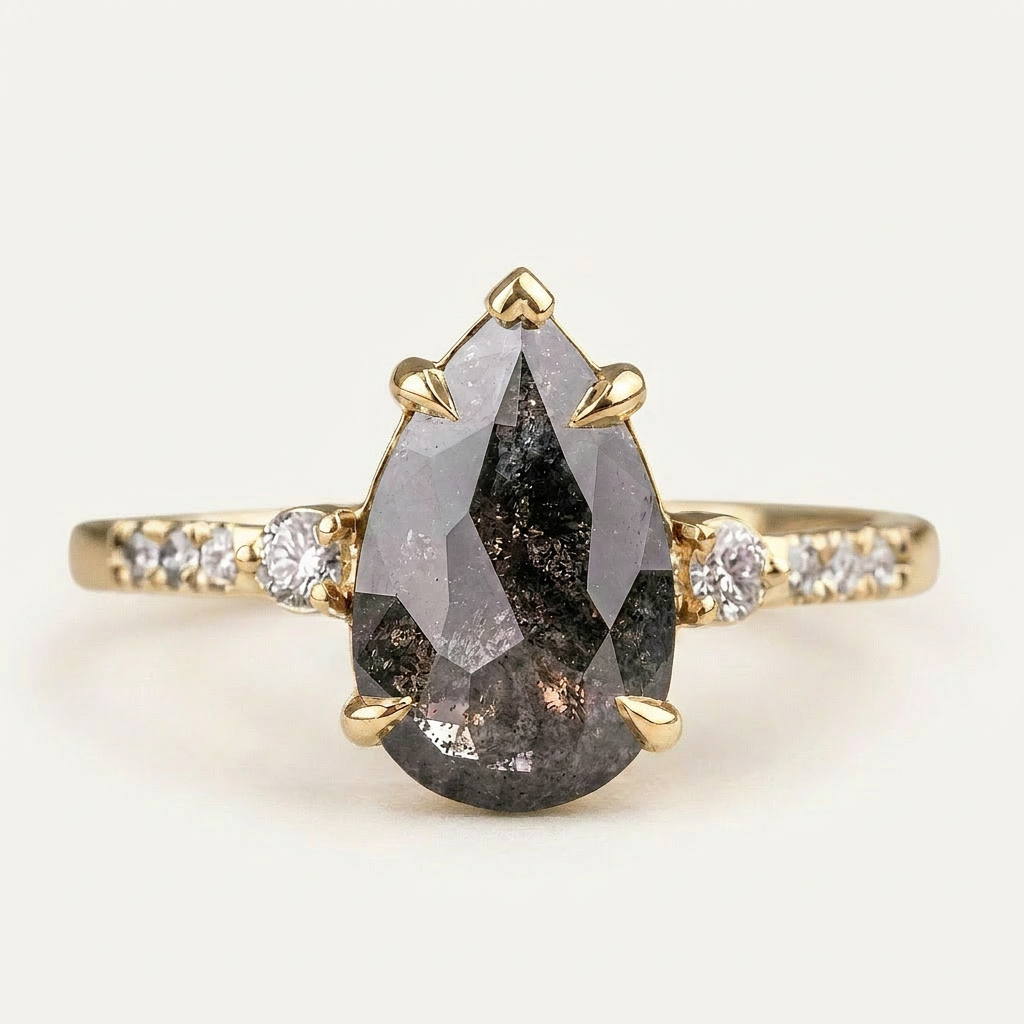 1.85 CT Pear & Round Cut Salt and Pepper Diamond Three Stone Ring