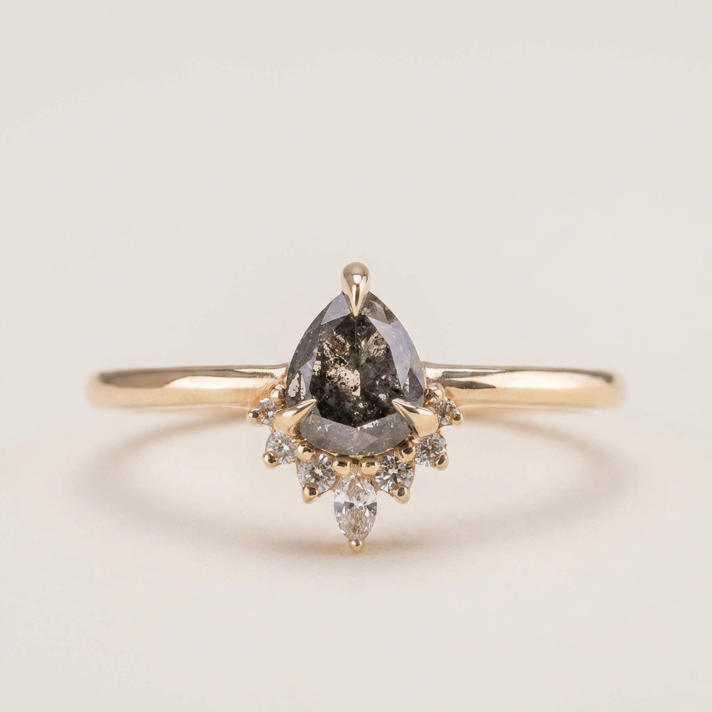 1.45 CT Pear & Round Cut Salt and Pepper Diamond Cluster Ring (V2)