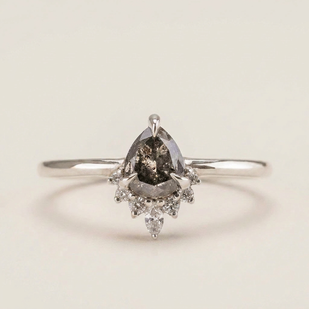 1.45 CT Pear & Round Cut Salt and Pepper Diamond Cluster Ring (V2)