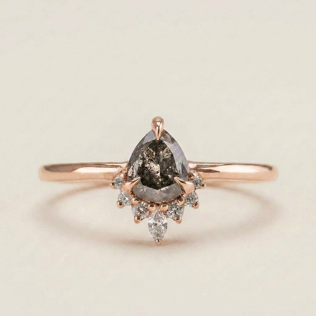 1.45 CT Pear & Round Cut Salt and Pepper Diamond Cluster Ring (V2)
