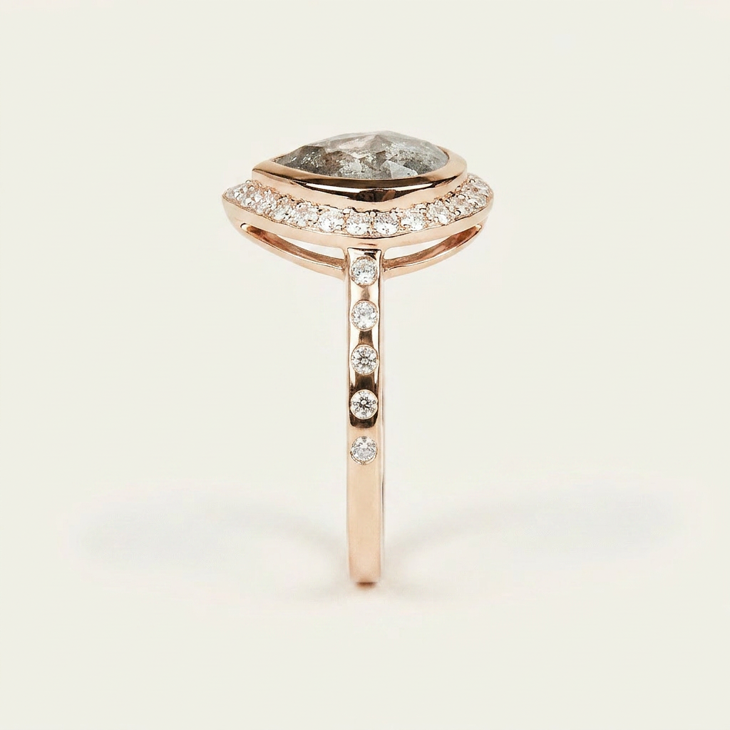 2.35 CT Pear & Round Cut Salt and Pepper Diamond Halo Ring