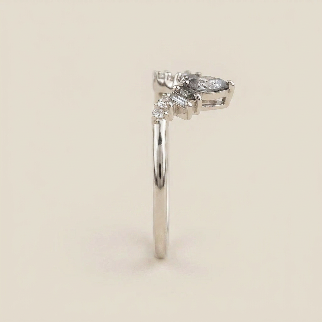 0.32 CT Marquise & Round Cut Salt and Pepper Diamond Ring