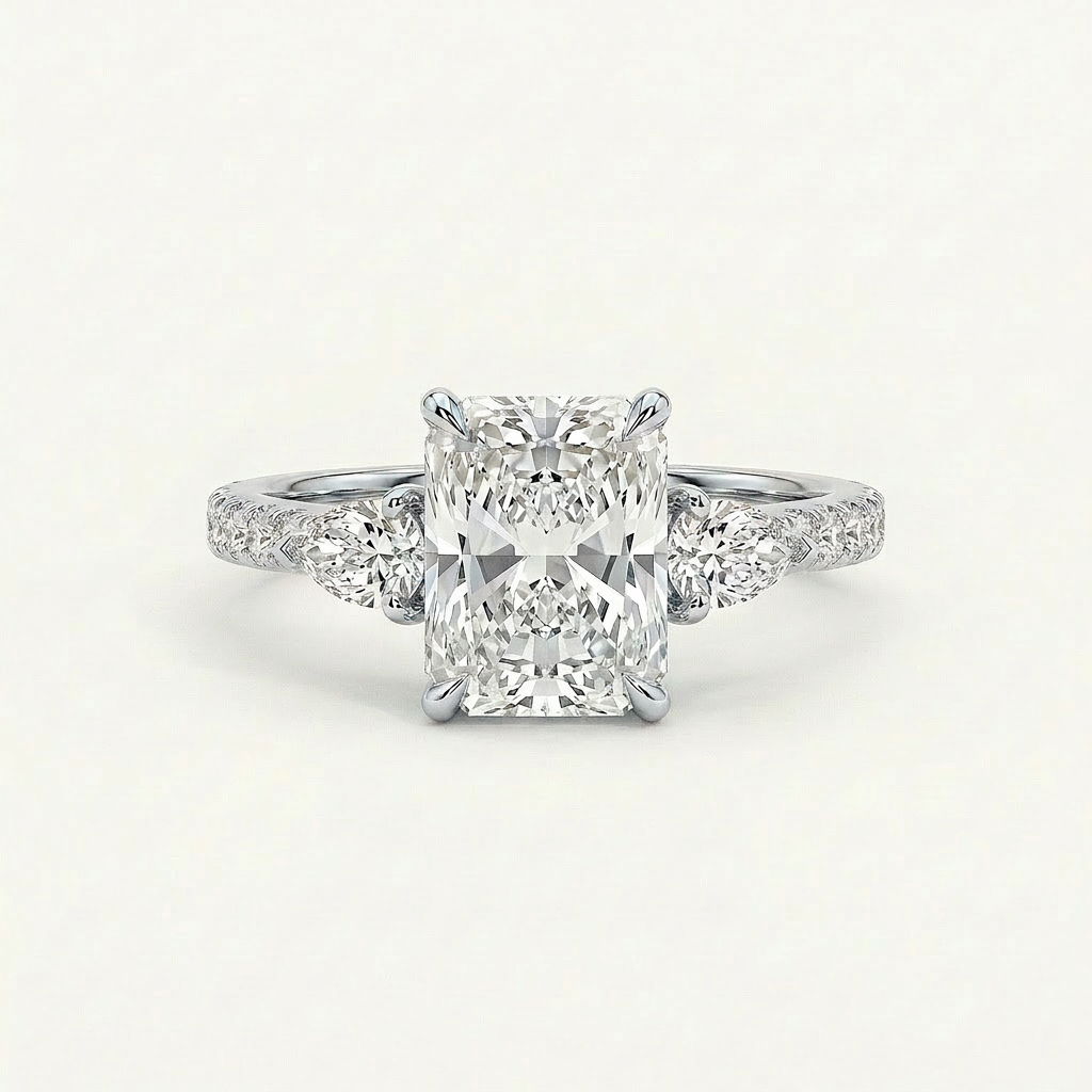 Lab Grown 3.00 CT Cushion & Pear Cut Diamond Three Stone Ring