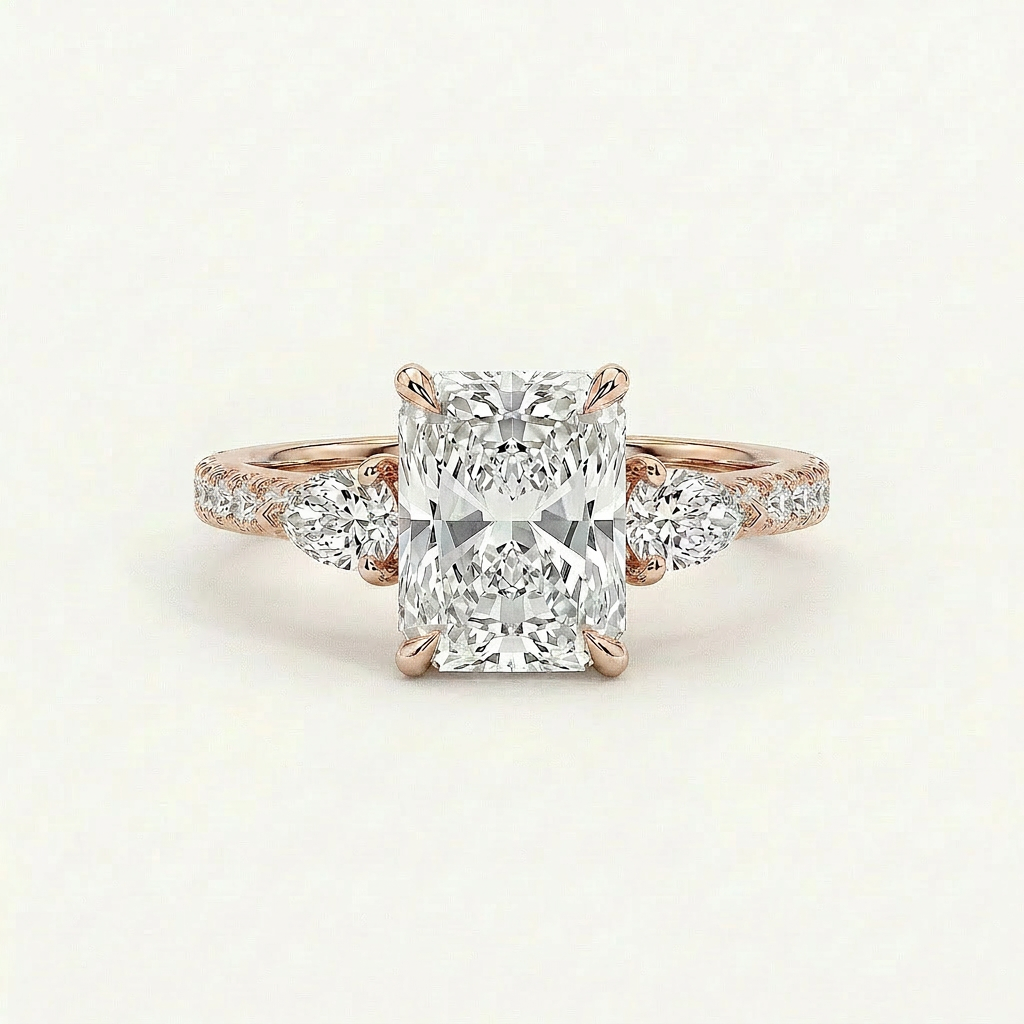 Lab Grown 3.00 CT Cushion & Pear Cut Diamond Three Stone Ring
