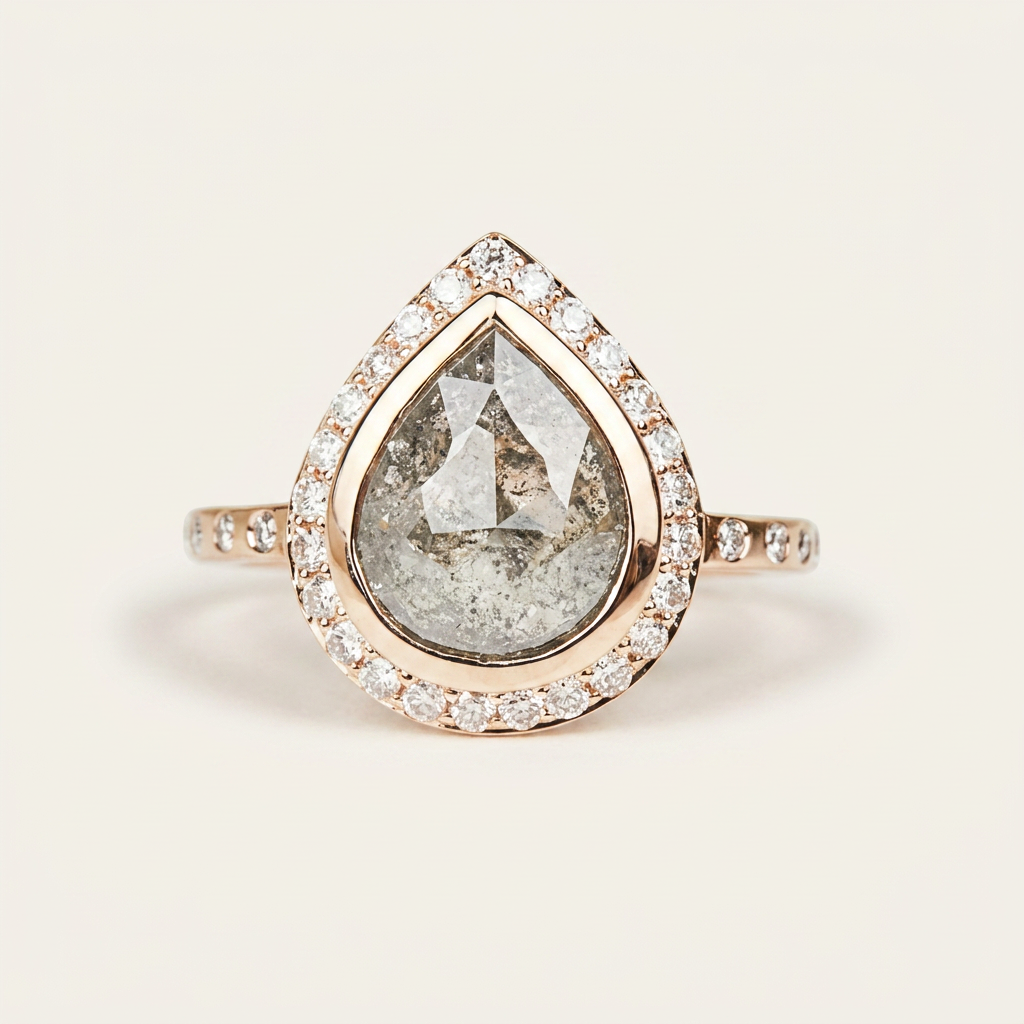 2.35 CT Pear & Round Cut Salt and Pepper Diamond Halo Ring