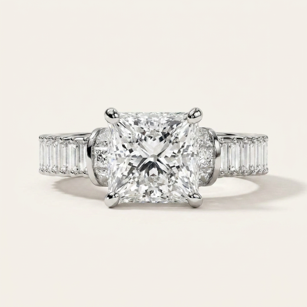 Moissanite 4.63 CT Princess & Baguette Cut Diamond Cluster Ring