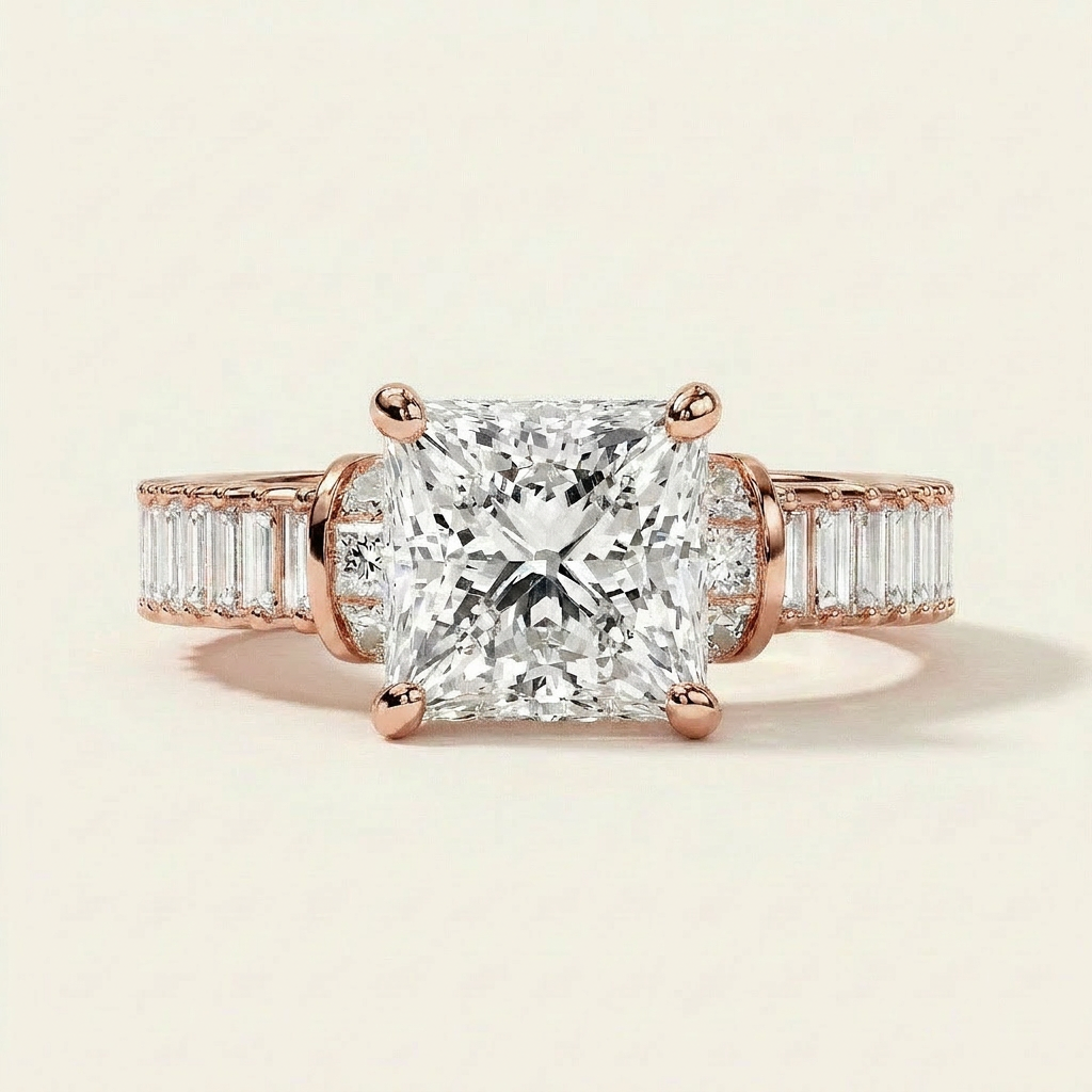 Moissanite 4.63 CT Princess & Baguette Cut Diamond Cluster Ring