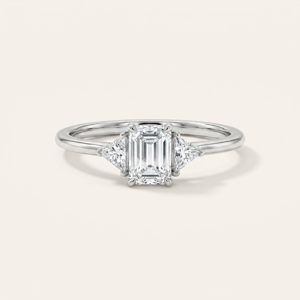 Moissanite 1.80 CT Emerald & Triangle Cut Diamond Three Stone Ring