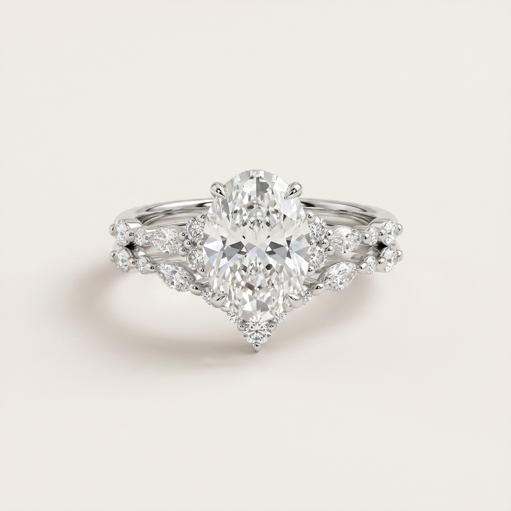 Moissanite 3.00 CT Oval & Round Cut Diamond Solitaire Ring (V-Midcentury)