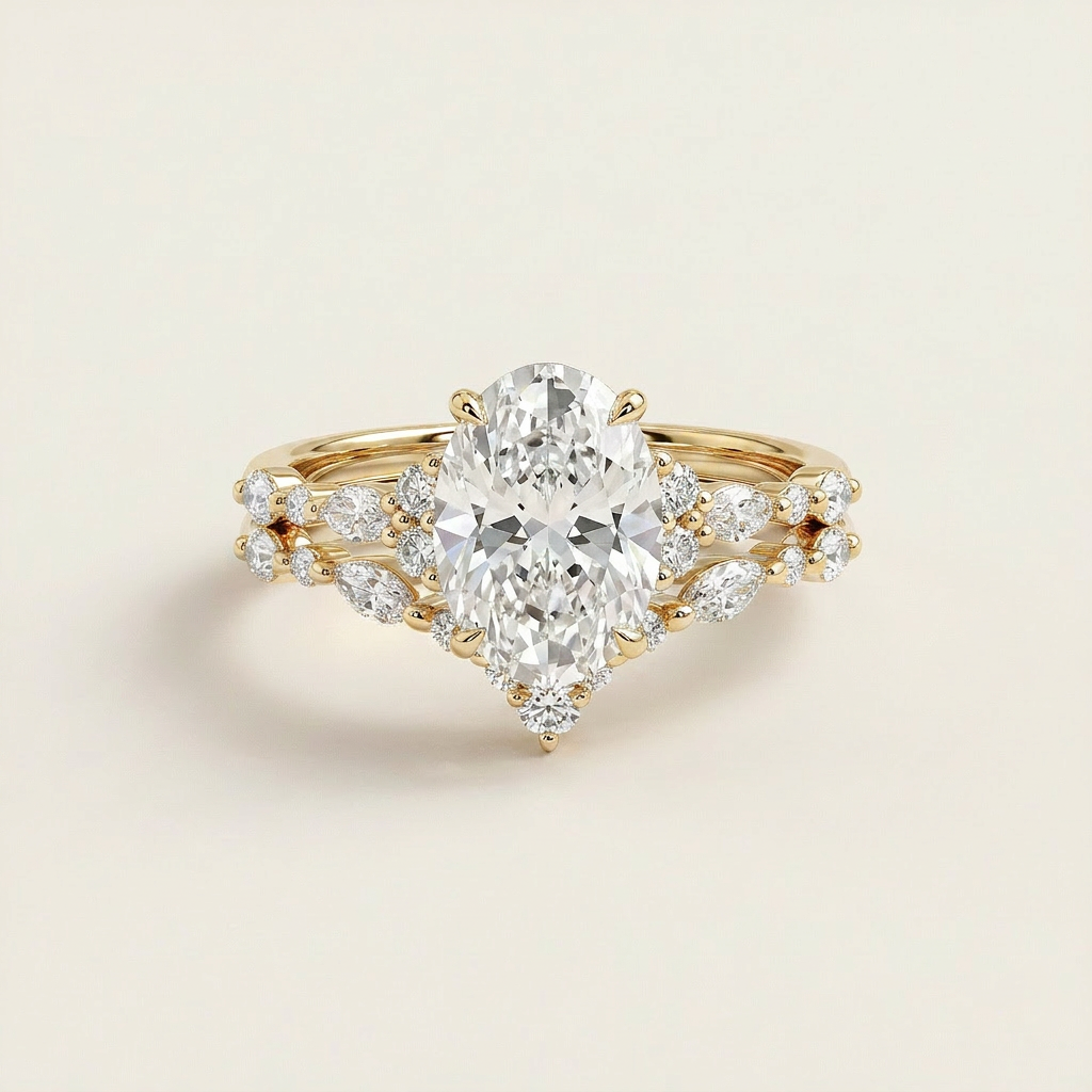 Moissanite 3.00 CT Oval & Round Cut Diamond Solitaire Ring (V-Midcentury)