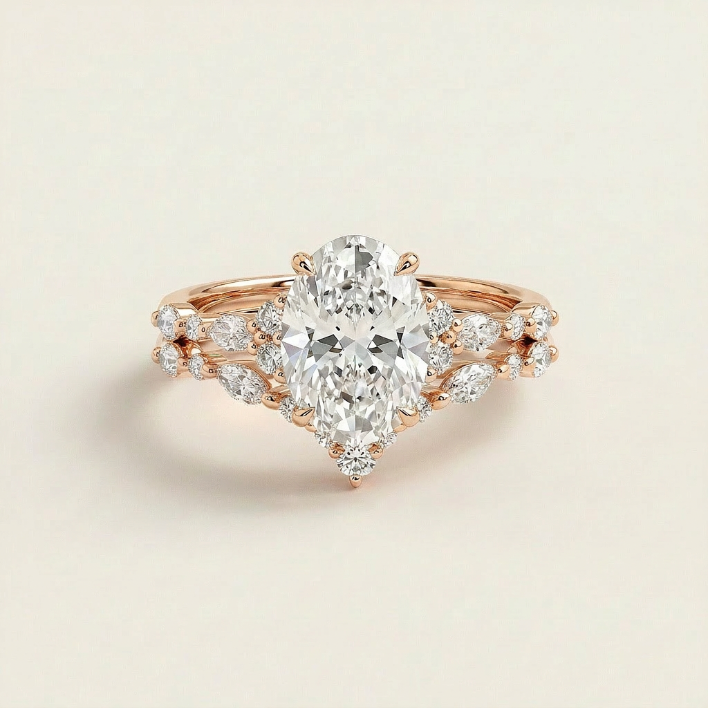 Moissanite 3.00 CT Oval & Round Cut Diamond Solitaire Ring (V-Midcentury)
