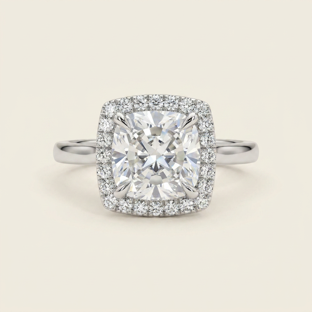 Moissanite 3.00 CT Cushion & Round Cut Diamond Halo Ring
