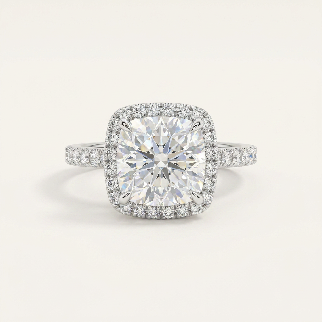 Moissanite 2.77 CT Cushion & Round Cut Diamond Halo Ring