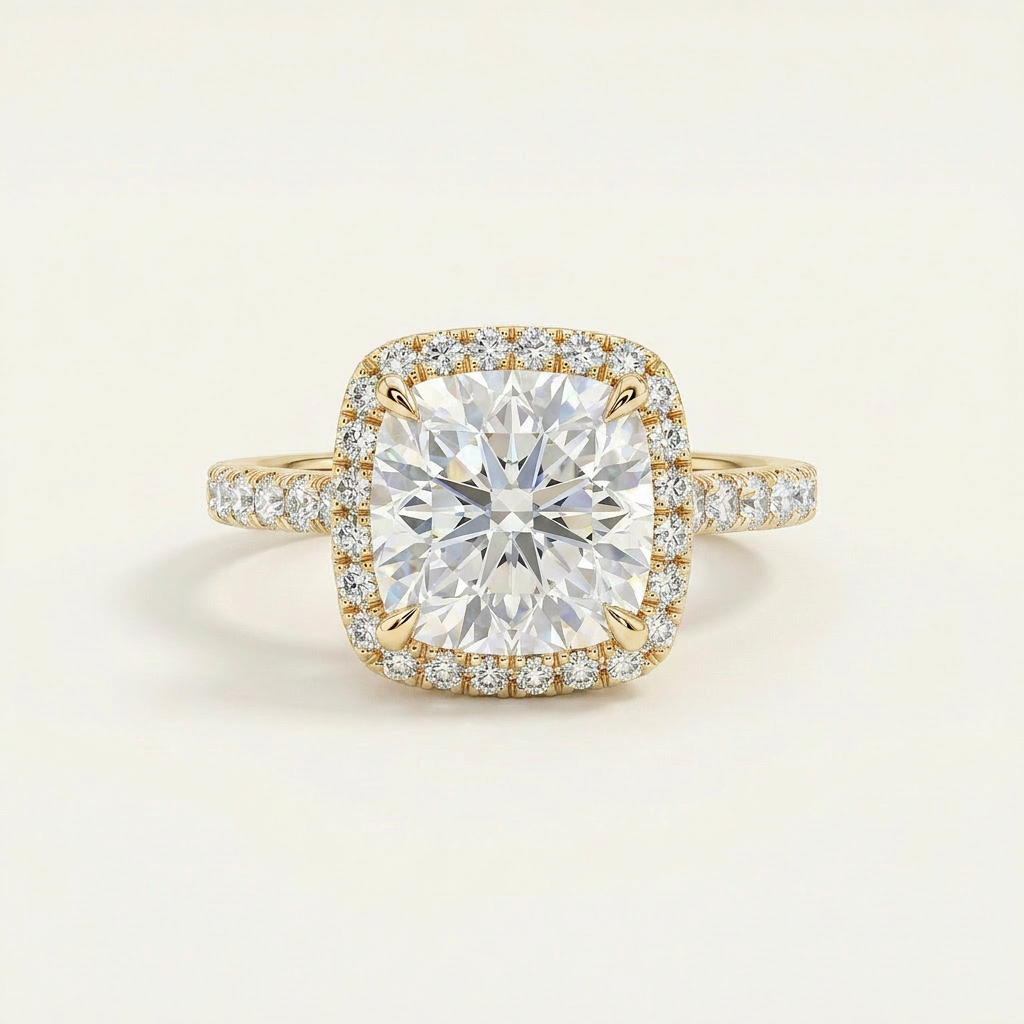 Moissanite 2.77 CT Cushion & Round Cut Diamond Halo Ring