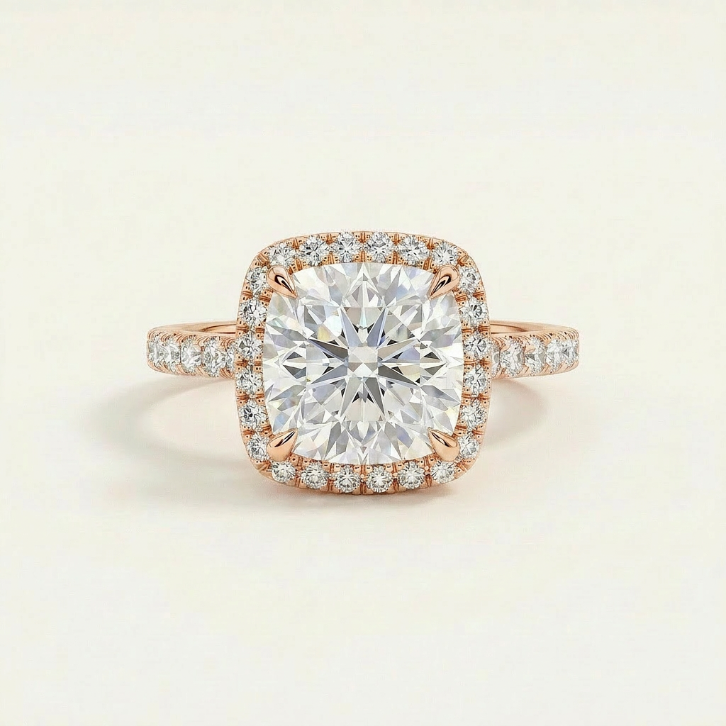 Moissanite 2.77 CT Cushion & Round Cut Diamond Halo Ring