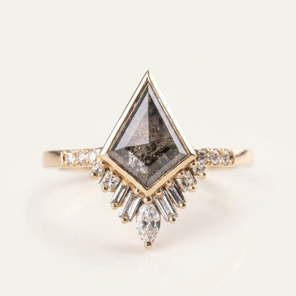 1.55 CT Kite & Round Cut Salt and Pepper Diamond Cluster Ring (V1)