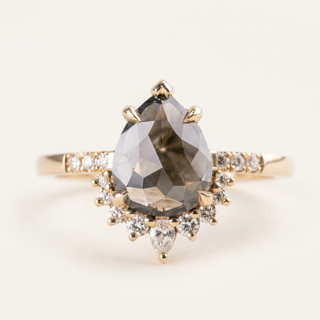 1.45 CT Pear & Round Cut Salt and Pepper Diamond Cluster Ring (V1)