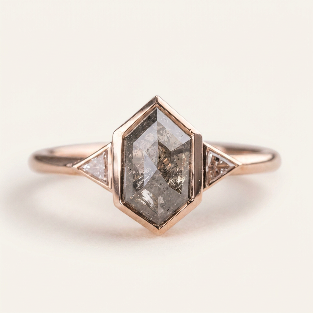 1.30 CT Hexagon & Triangle Cut Salt and Pepper Diamond Three Stone Ring (V1)
