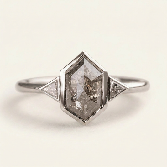 1.30 CT Hexagon & Triangle Cut Salt and Pepper Diamond Three Stone Ring (V1)